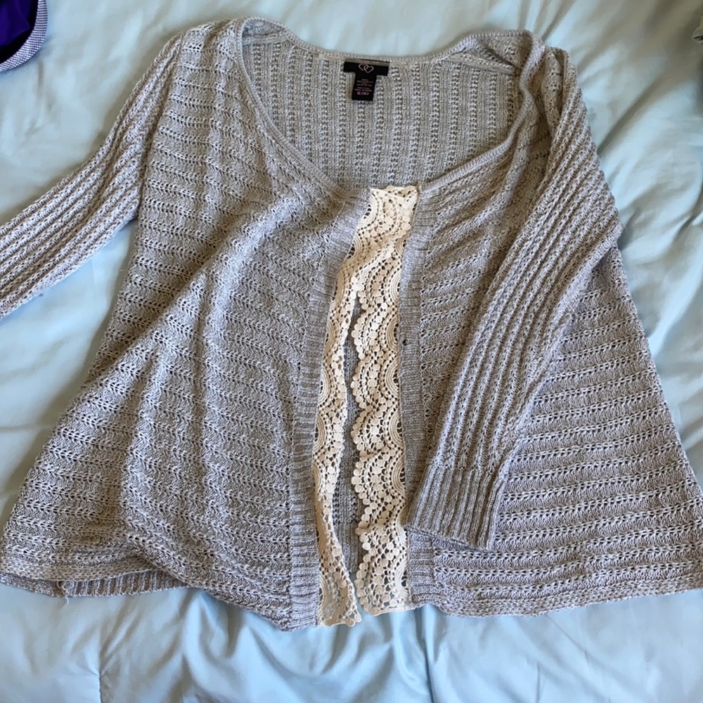 Gray with white lace cardigan